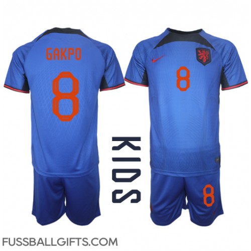 Niederlande Cody Gakpo #8 Fußballbekleidung Auswärtstrikot Kinder WM 2022 Kurzarm (+ kurze hosen)